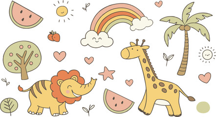 Hand drawn Baby design for textile, posters, cards. Cute Baby animals pattern. Fabric baby design. Vector illustration with cute animals. Nursery baby pattern illustration of a variety Animels.