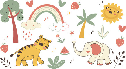 Fototapeta premium Hand drawn Baby design for textile, posters, cards. Cute Baby animals pattern. Fabric baby design. Vector illustration with cute animals. Nursery baby pattern illustration of a variety Animels.