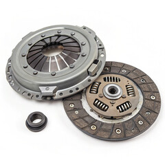 Obraz premium Automotive spare parts: a clean display of a clutch pressure plate and disc.