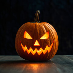 a single lit spooky halloween pumpkin on black background