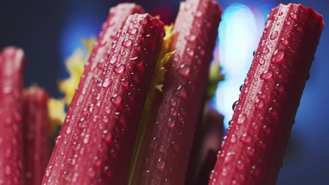 Fresh Rhubarb Stalks Covered In Water Droplets Against Blue Backdrop