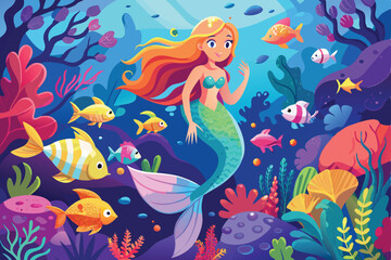 Obraz premium Cartoon vector illustration set of marine life with colorful tropical fish swimming underwater in the ocean and aquarium aquatic nature