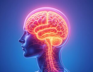 Obraz premium Futuristic 3D Rendering of Human Brain Activity in Female Profile – Transparent Head and Spine Visualizing Neural Network and Central Nervous System in Digital Medical Illustration