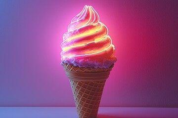 Neon ice cream cone with vibrant glow: a modern twist on classic dessert aesthetic
