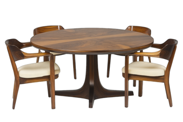 Mid-century modern dining set round walnut table with four sculpted armchairs, featuring creamy upholstery and a pedestal base