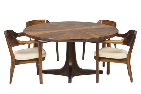 Mid-century modern dining set round walnut table with four sculpted armchairs, featuring creamy upholstery and a pedestal base