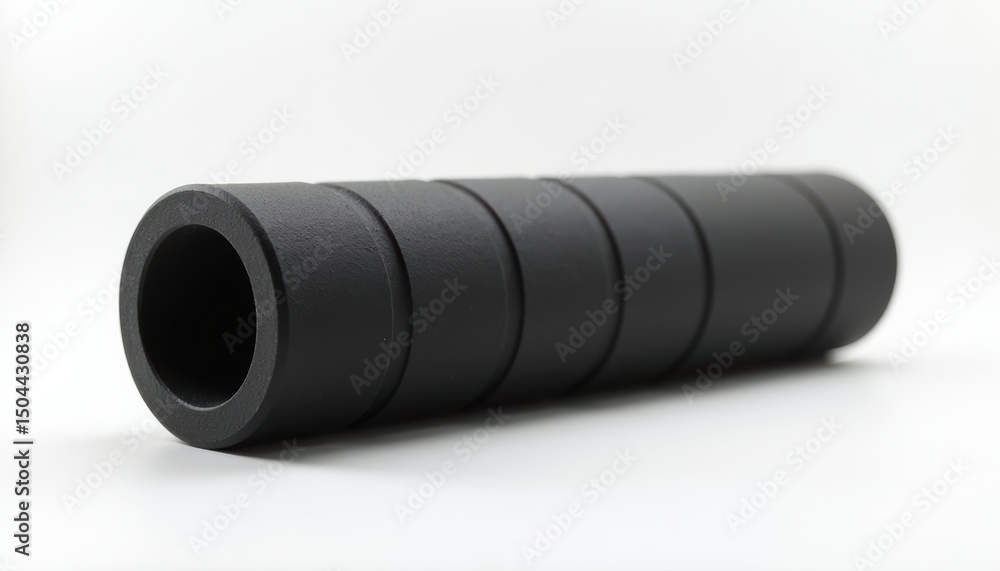 Poster close-up study of a smooth black rod with segmented surface details against a soft white background