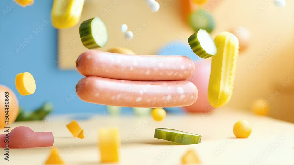 Poster sausages and pickles floating in abstract space