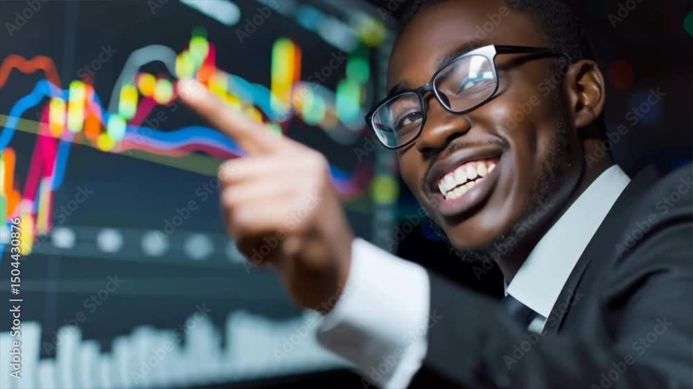 Poster a professional man with glasses smiles confidently while analyzing data on a financial chart in an o