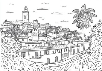 Hand-drawn Sketch of a Hilltop Town with Palm Tree