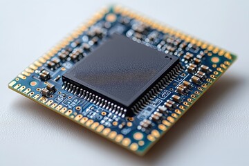 Closeup of a modern microchip on circuit board reflecting advanced technology and innovation