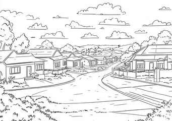 Suburban Street Scene - Line Art Illustration