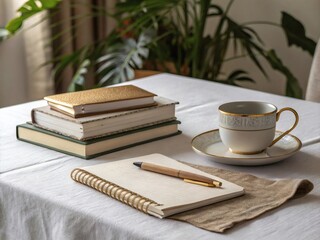 Home office moment with stacked notebooks, cup, pen and linen pad on white cloth under soft light