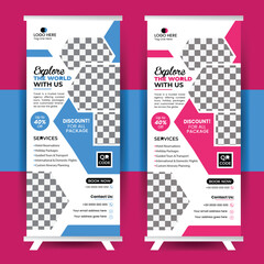 Modern and clean roll-up banner design template for travel agencies, vibrant colors, and professional layout. Ideal for tour, holiday, and tourism promotions design. trave