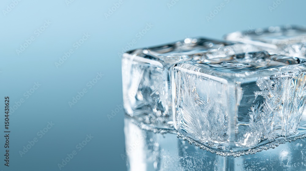 Poster close up of clear glass container with water and ice cubes floating on a smooth surface reflecting l