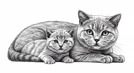 Intricate black and white drawing of a mother cat with her kitten, illustrating warmth and companionship
