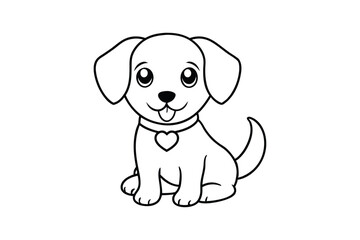Line art drawing of a cute happy puppy with a heart-shaped collar.eps