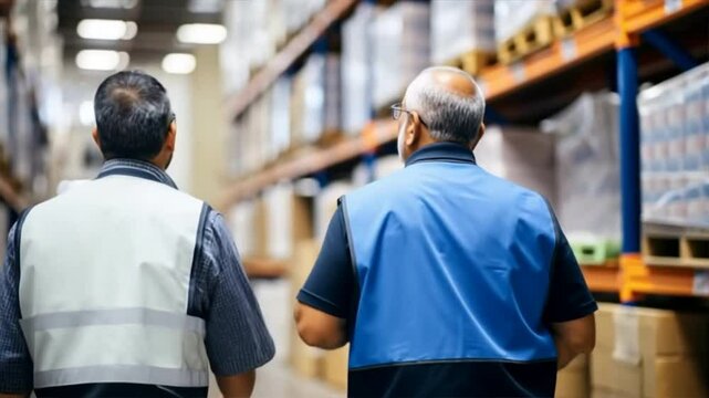 Two men observe warehouse shelves filled with inventory for effective stock management and organization.