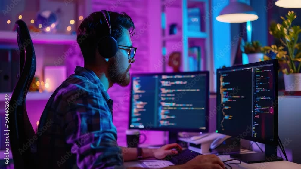 Poster focused programmer works late at night with colorful lights and multiple screens displaying code in 