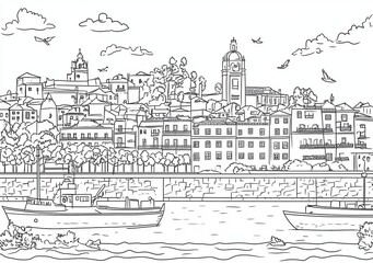 Coastal Town Line Art Illustration