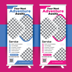 Elegant roll-up banner template for tourism and travel companies. Fully layered, easy to customize, and suitable for showcasing travel destinations, vacation deals, and agency branding standee design.