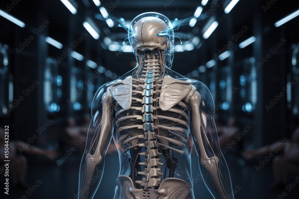 Poster human anatomy model displaying the skeleton and nervous system back view