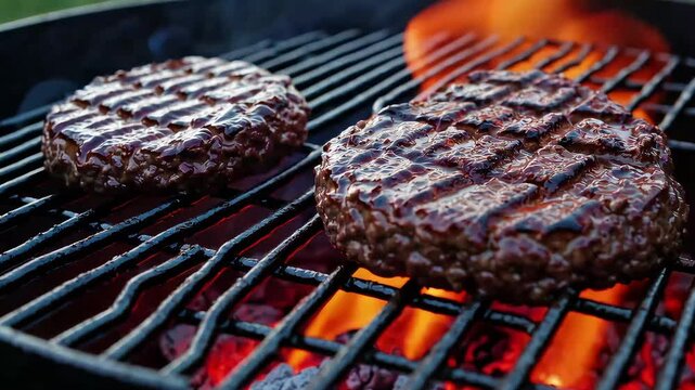 Juicy burgers grilling on BBQ