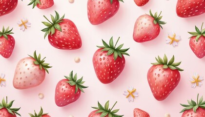 Watercolor strawberries seamless repeating pattern. Red berries with green leaves, white flowers, white dots on light pink background. Perfect for fabric design, wallpaper, textile print, wrapping