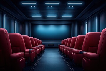 Fototapeta premium Modern cinema interior featuring rows of plush red seats arranged in a darkened room with ambient lighting and a large screen, creating an inviting movie-watching atmosphere