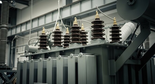 High voltage electrical transformer with insulators and cooling fins for industrial power station and modern energy infrastructure concept.