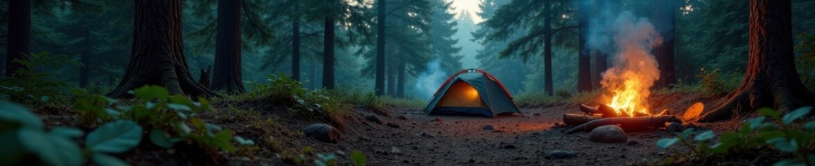 Misty forest clearing, serene campsite, crackling fire, gear scattered , peaceful, dawn, adventure