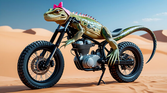 Sanda motorcycle. Iguana riding a motorcycle in the desert