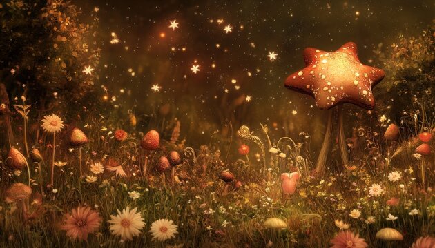 Bosco incantato notturno con funghi luminosi e fiori