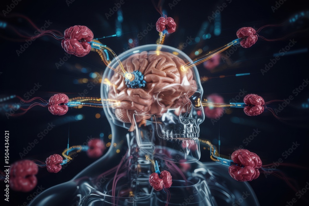 Poster human brain with tumor and floating brains connected by light strands