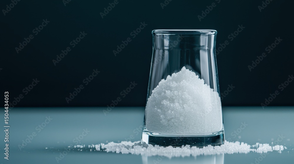 Poster close-up view of sugar dissolving in water with minimalistic background and elegant glassware