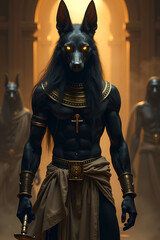 Naklejka premium Anubis: Jackal-Headed Egyptian God with Golden Eyes, Holding Ankh and Scales Amidst Misty Shadows