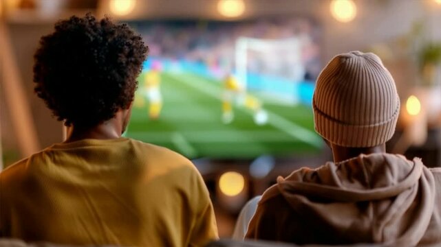 Two friends enjoying an exciting soccer match on a large television screen.