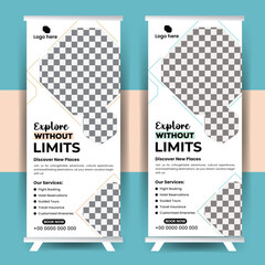 Modern Travel Roll-Up Banner Design Template for Tourism Agency Promotions, Vacation Deals, and Travel Services – Fully Editable Print Layout for Flight Booking, Tours, and Getaways Design Template.
