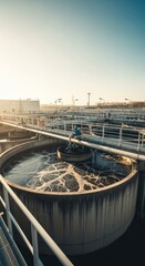 View from above of a sewage water treatment plant with biological cleaning aeration tank operating at sunset. Water recycling and purification facility for environmental protection.