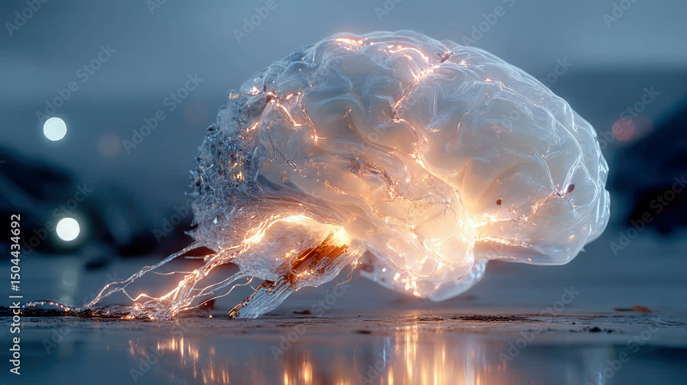 Aufkleber glowing digital brain made of translucent fibers emitting light, symbolizing advanced artificial int