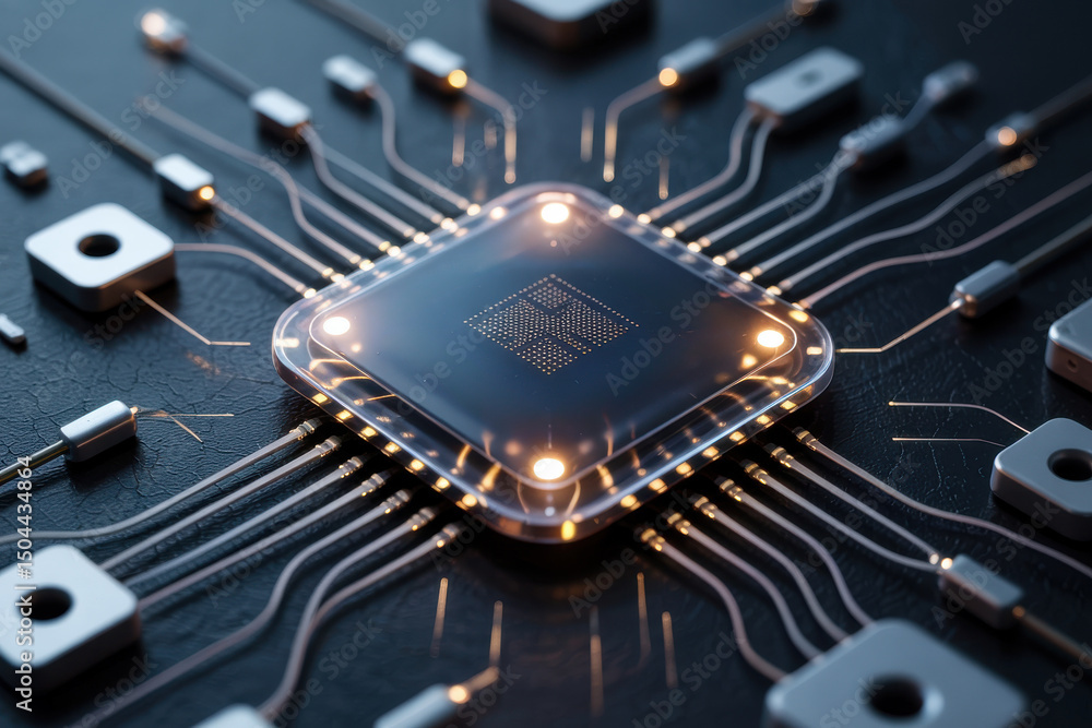 Poster close up view of a microchip with wires on a dark surface background