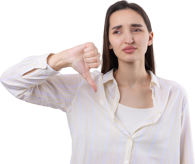 Young brunette in a blue tank top giving thumb down gesture looking with negative expression