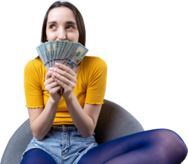 Photo of a wealthy woman in simple clothes holding a fan of dollar money isolated against a concrete wall background