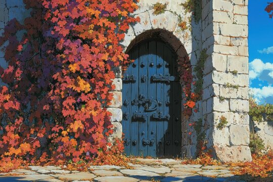 Porta antica in pietra con edera autunnale