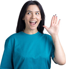 Smiling woman  raised her hand palm up and forward like waving.