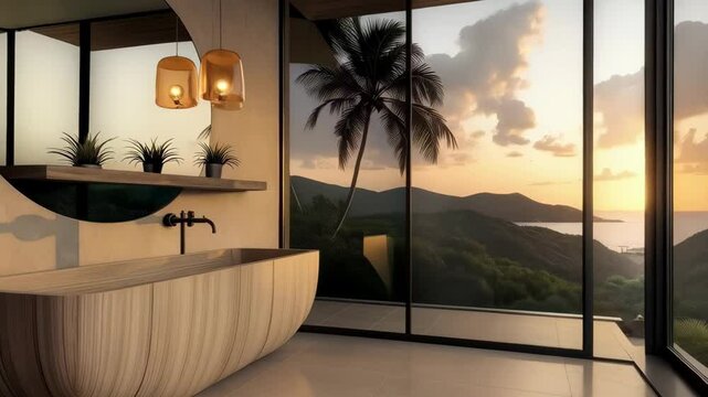 Explore elegant bathroom window vanities featuring modern designs and breathtaking scenic views of nature at sunset