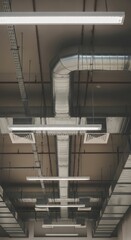 Industrial ceiling with air ducts, lights, and cables. Ventilation system and electrical wiring in a modern building. Architecture concept, facility technology.