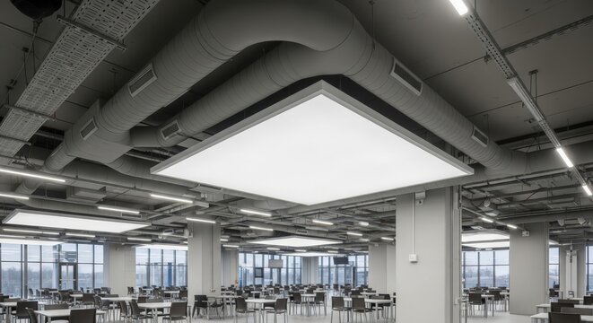 Modern empty office cafeteria with tables and chairs for a lunch area. Contemporary canteen design with industrial ceiling and bright lighting.