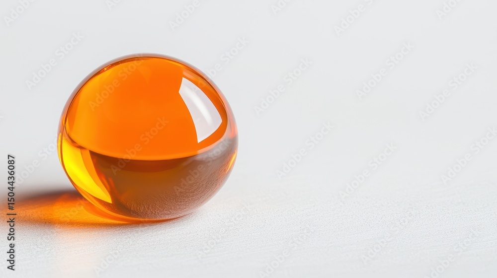 Poster close-up of an amber liquid droplet resting on a smooth white surface with a soft shadow and reflect