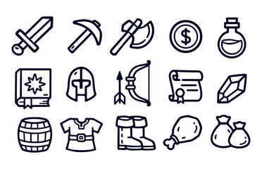 Set of doodle icons of RPG games. Black and white Vector of sword, magic, potion, shield, magic. Dungeon concept.